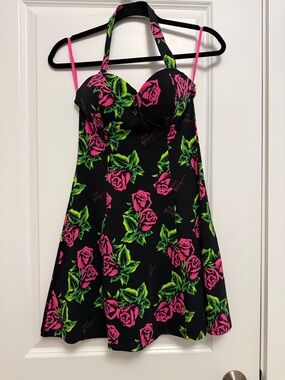 Betsey Johnson Black Halter Dress with Neon Pink Roses & Lime Leaves
